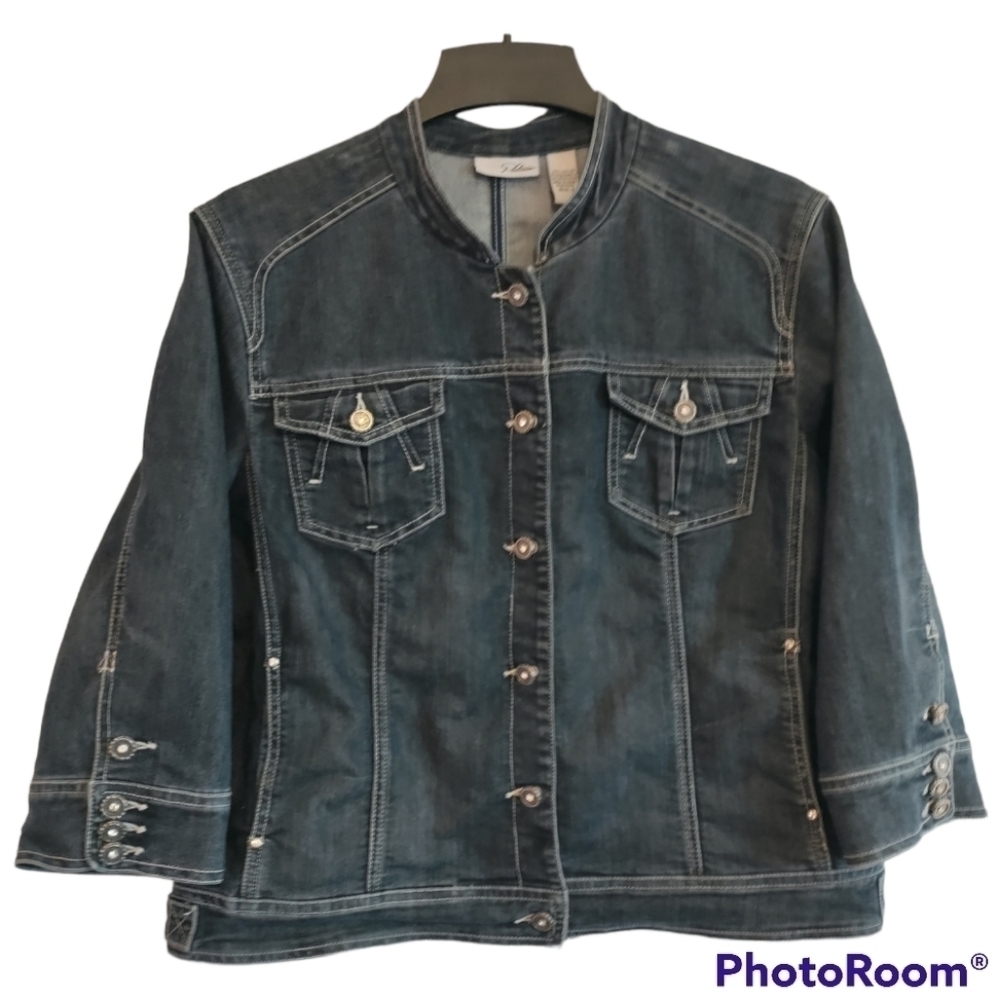 Chico's Platinum denim jean jacket mandarin collar button front  pockets  size 3